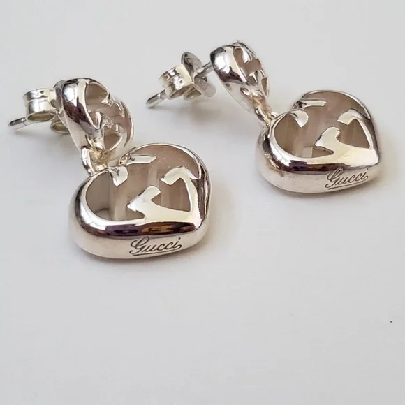 GUCCI Sterling Silver Love Britt Double G Heart Drop Earrings